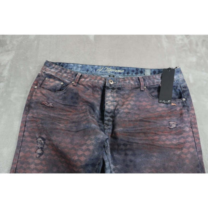 A Tiziano Jeans Mens 44 Blue Red Geometric Straight Fit Distressed Cotton Denim