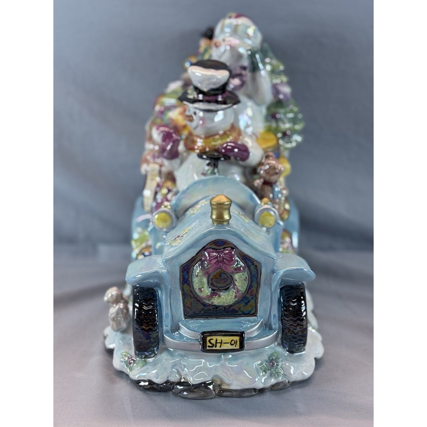 Christmas Ceramic Cookie Car Snowman Blue Jar Iridescent Finish Vintage #81009