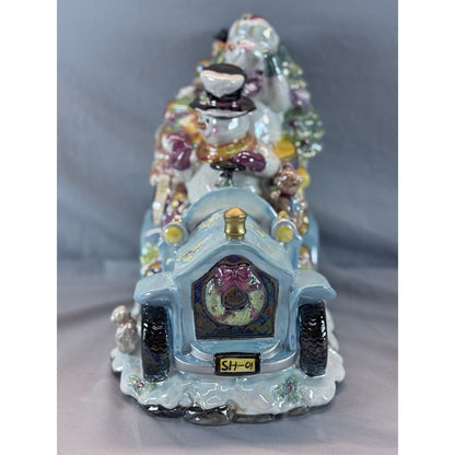 Christmas Ceramic Cookie Car Snowman Blue Jar Iridescent Finish Vintage #81009
