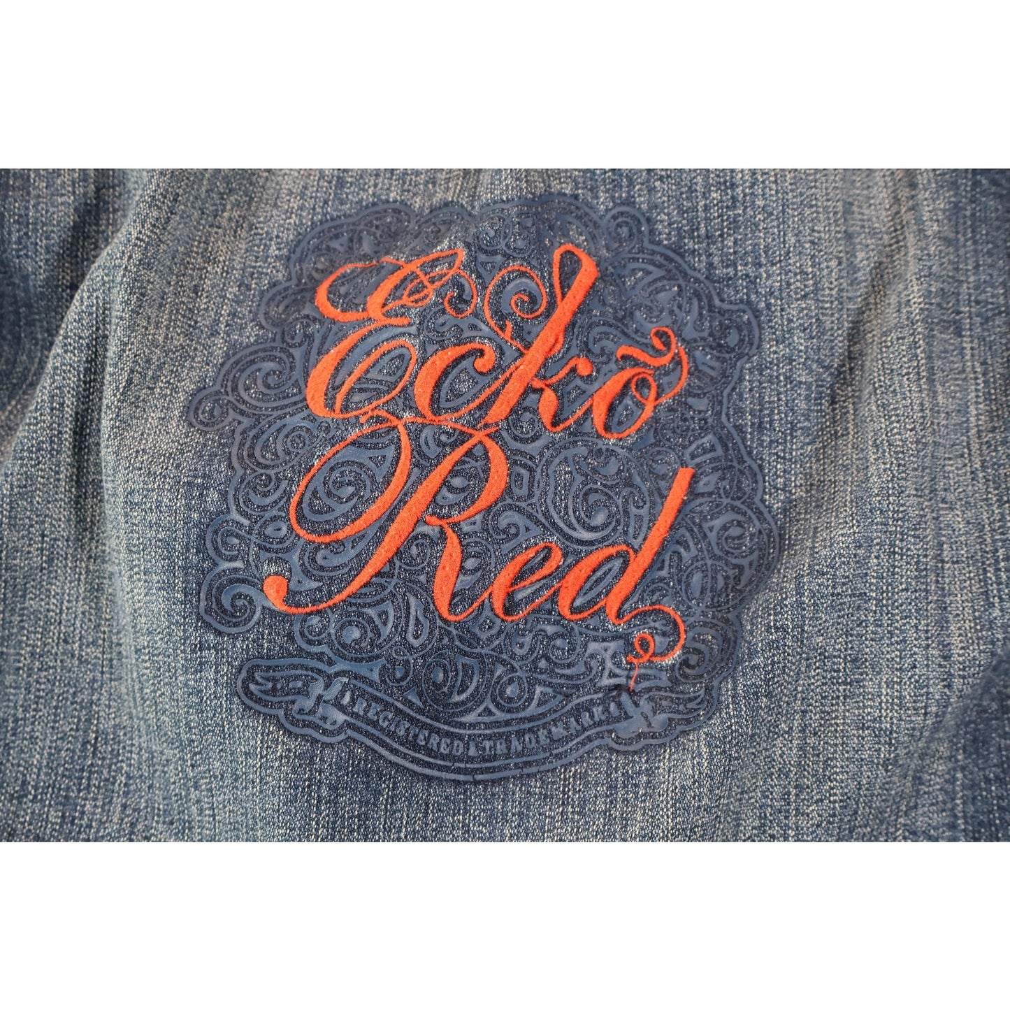 Ecko Red Jacke Kids Small Blue Denim Jean Moto Style Back Graphic Logo Fitted