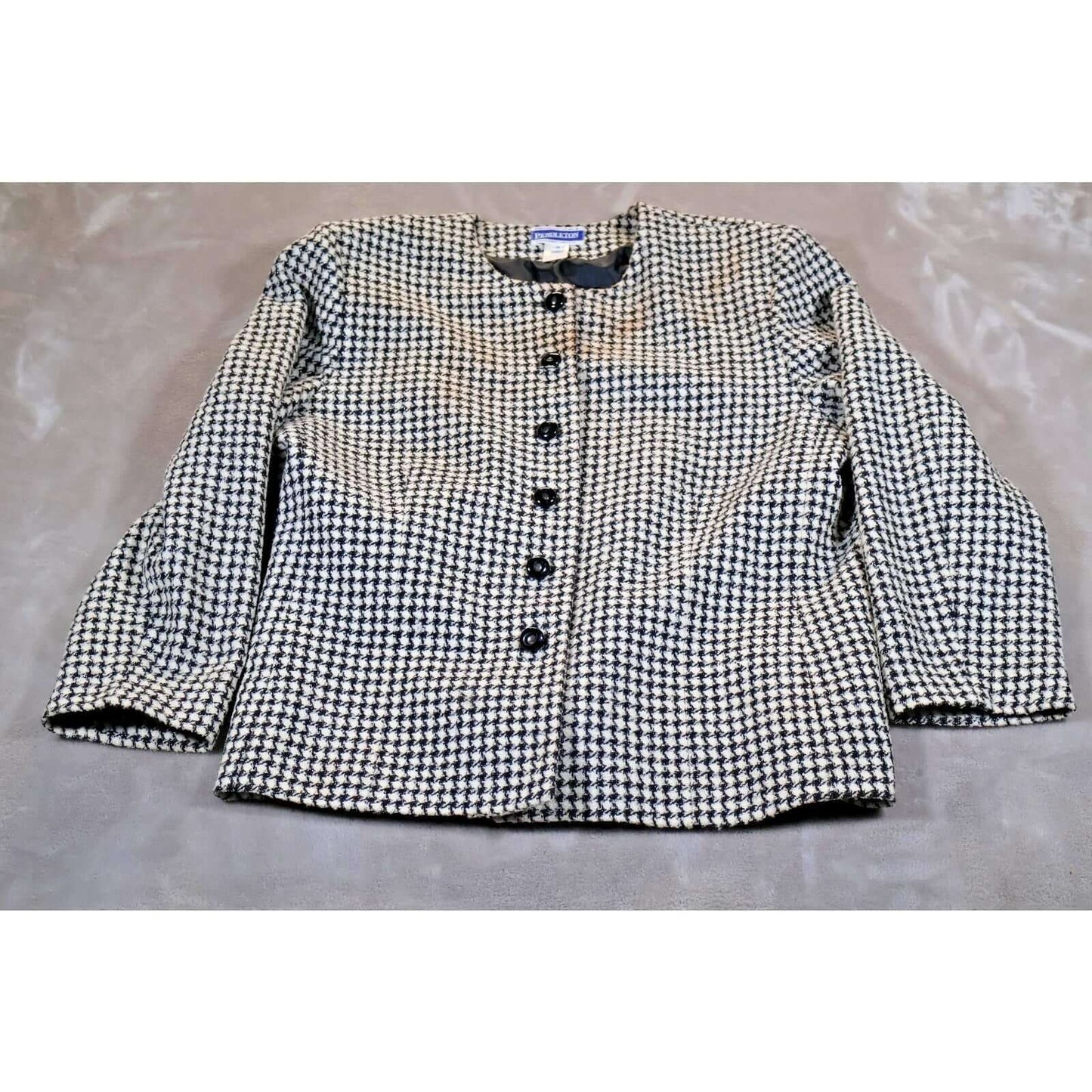 Pendleton Jacket Womens 18 Black White Houndstooth Tweed Wool Blend Made USA