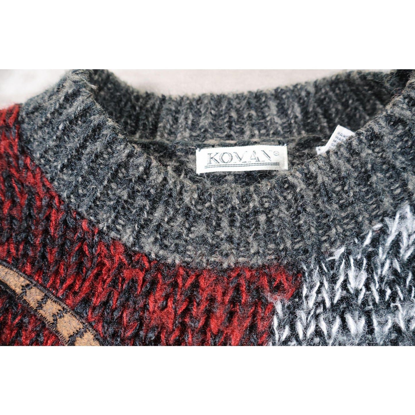 Vintage Kovan Sweater Mens Large Gray Red Tiger Acrylic Knit Crewneck Korea 90s