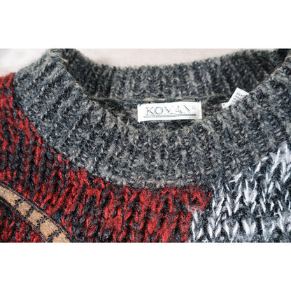Vintage Kovan Sweater Mens Large Gray Red Tiger Acrylic Knit Crewneck Korea 90s