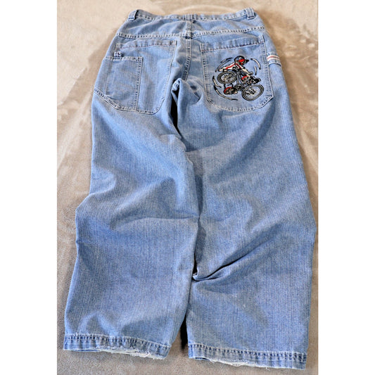 Vintage Paco Jeans Mens 30x32 Blue Denim Baggy Embroidered BMX Y2K Streetwear
