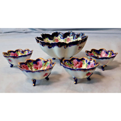 Vintage Hand Painted Porcelain Berry Bowl Set Cobalt Gold Roses Footed 5 Pc
