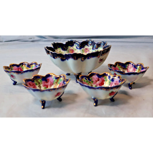 Vintage Hand Painted Porcelain Berry Bowl Set Cobalt Gold Roses Footed 5 Pc