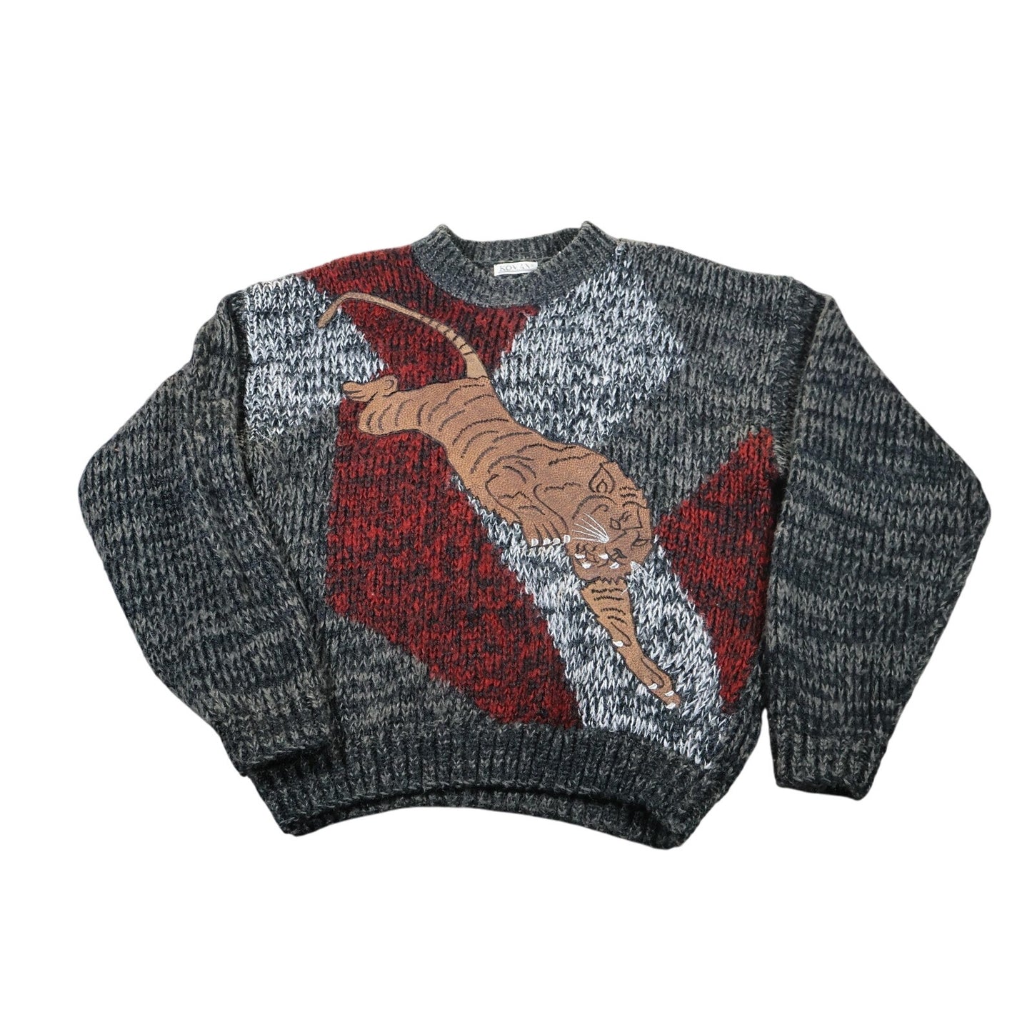 Vintage Kovan Sweater Mens Large Gray Red Tiger Acrylic Knit Crewneck Korea 90s