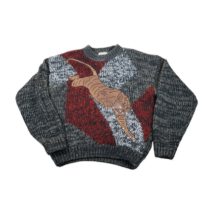 Vintage Kovan Sweater Mens Large Gray Red Tiger Acrylic Knit Crewneck Korea 90s