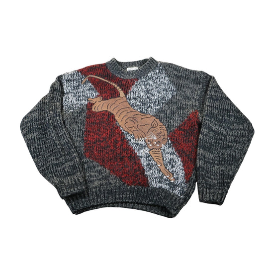 Vintage Kovan Sweater Mens Large Gray Red Tiger Acrylic Knit Crewneck Korea 90s