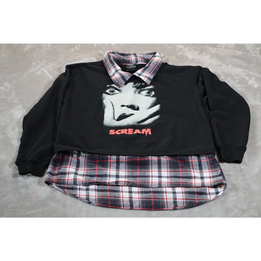 Scream Sweatshirt Womens Medium Black Plaid Layered Collared Horror Graphic
