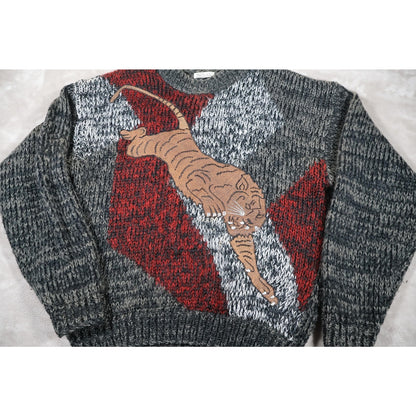Vintage Kovan Sweater Mens Large Gray Red Tiger Acrylic Knit Crewneck Korea 90s
