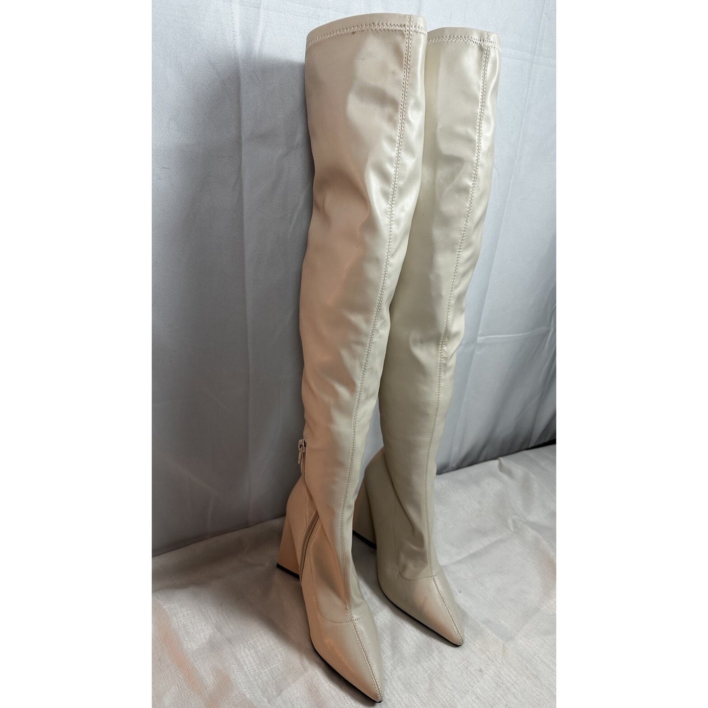 Forever 21 Women's Faux Leather Over-the-Knee Boots in Cream Size 6