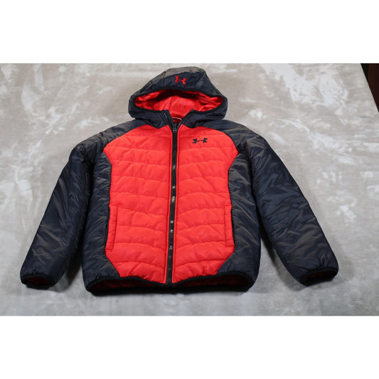 Under Armour Jacket Youth Large Red Black ColdGear Hooded Puffer Coat Boys Warm