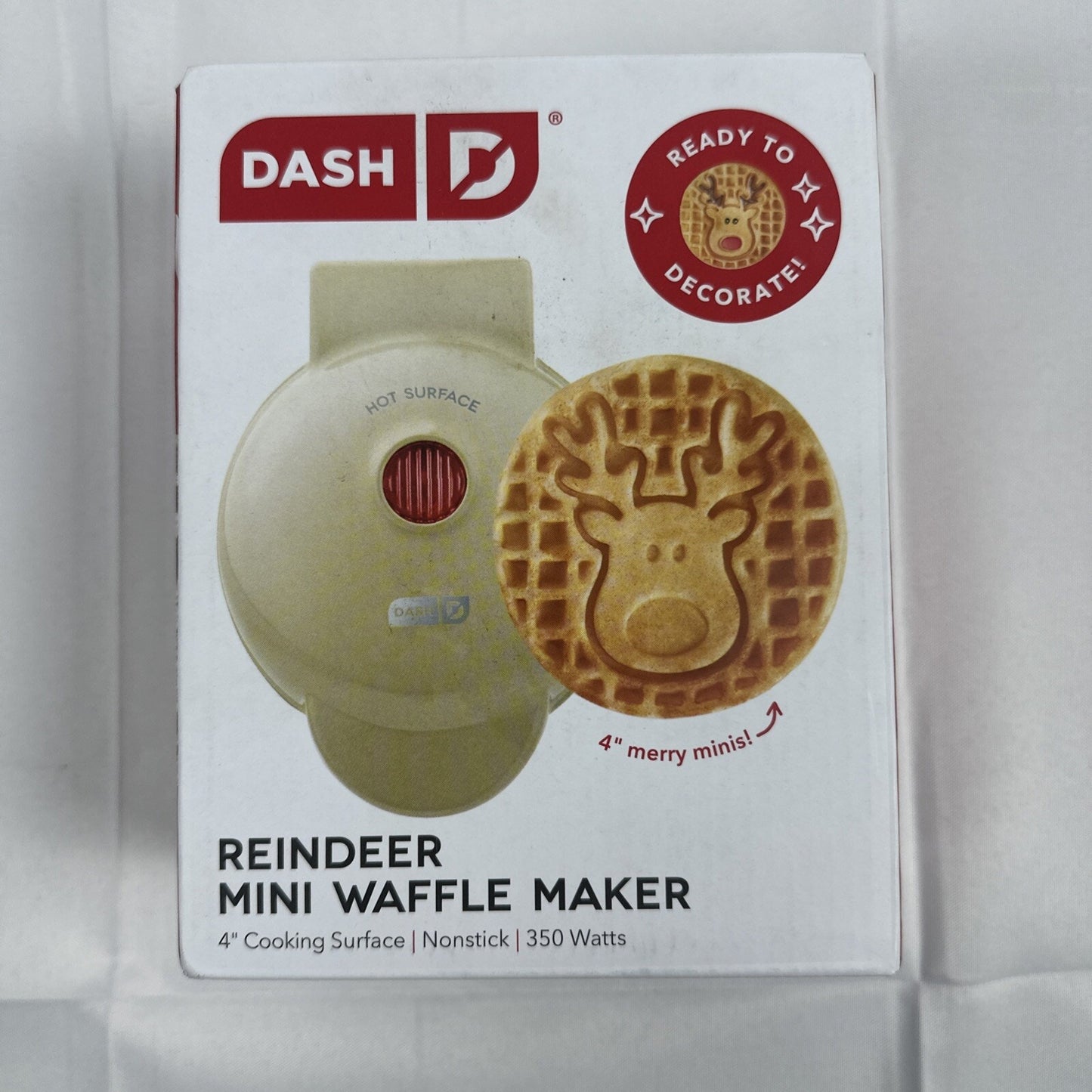 Dash Electric "REINDEER" 4" Mini Waffle Maker, Non-Stick 350 Watts -- New in Box