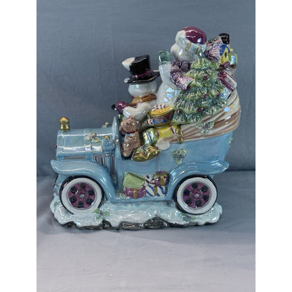 Christmas Ceramic Cookie Car Snowman Blue Jar Iridescent Finish Vintage #81009