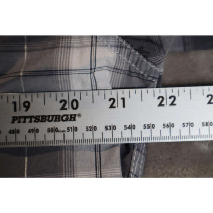 Attrak Jeans Shirt Mens Large Blue Gray Plaid Western Pearl Snap Short Sleeve measuring 20 inches across with ruler.