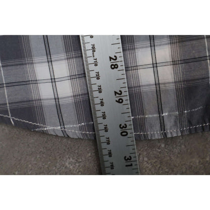 Attrak Jeans Shirt Mens Large Blue Gray Plaid Western Pearl Snap Short Sleeve fabric close-up with measuring tape.