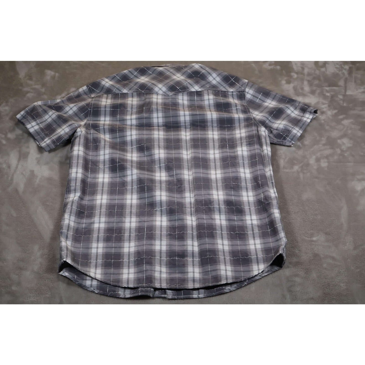Attrak Jeans Shirt Mens Large Blue Gray Plaid Western Pearl Snap Short Sleeve back view on a gray background.