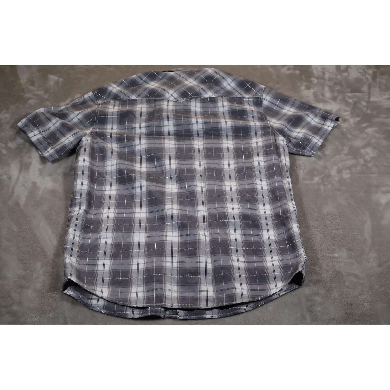 Attrak Jeans Shirt Mens Large Blue Gray Plaid Western Pearl Snap Short Sleeve back view on a gray background.