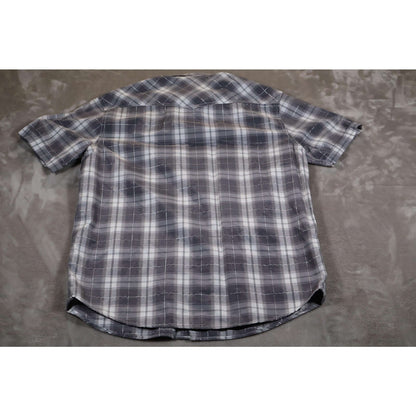 Attrak Jeans Shirt Mens Large Blue Gray Plaid Western Pearl Snap Short Sleeve back view on a gray background.