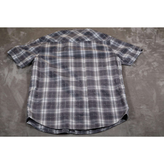 Attrak Jeans Shirt Mens Large Blue Gray Plaid Western Pearl Snap Short Sleeve back view on a gray background.