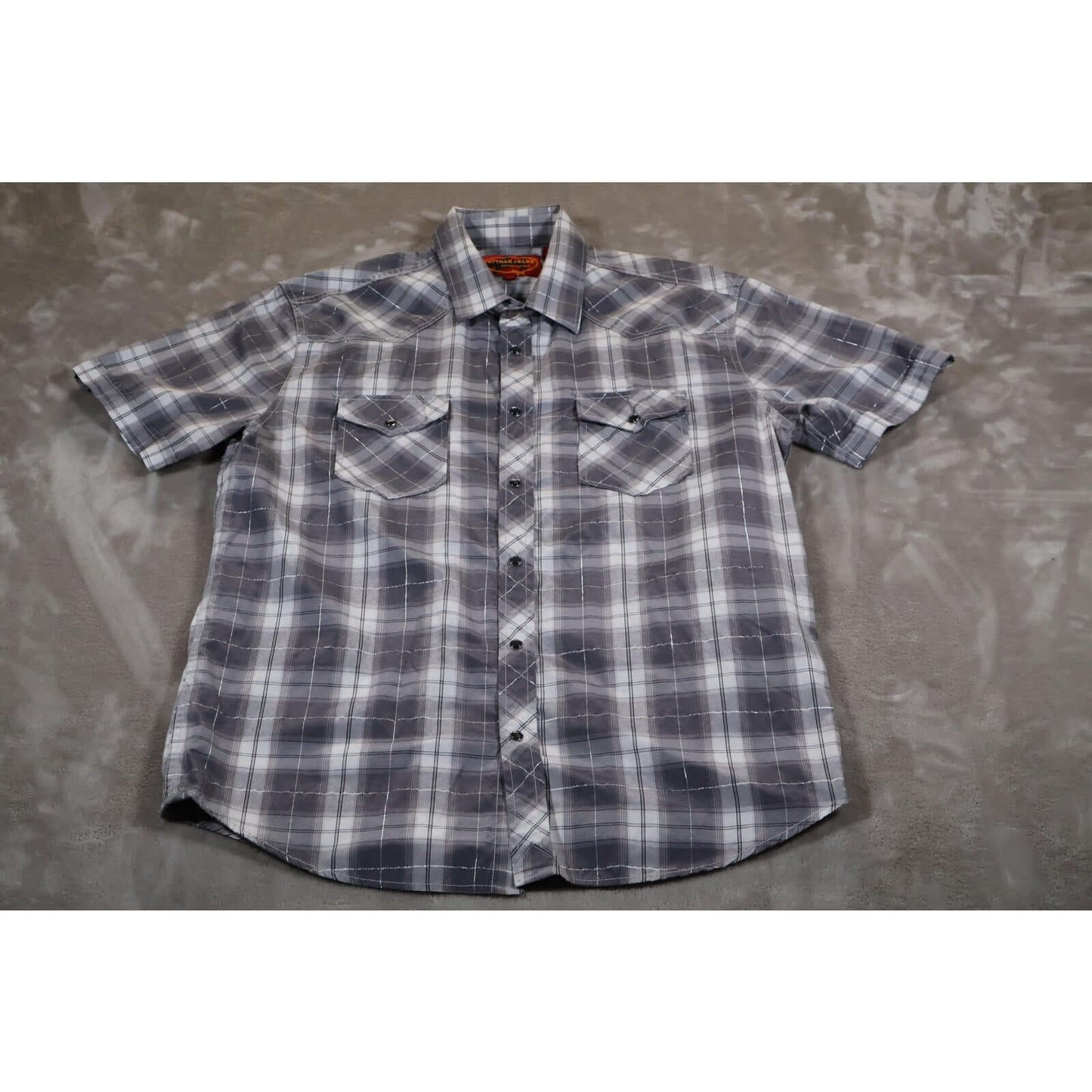 Attrak Jeans Shirt Mens Large Blue Gray Plaid Western Pearl Snap Short Sleeve displayed on a gray background.