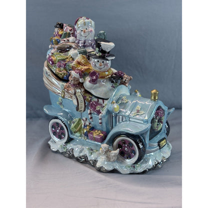 Christmas Ceramic Cookie Car Snowman Blue Jar Iridescent Finish Vintage #81009