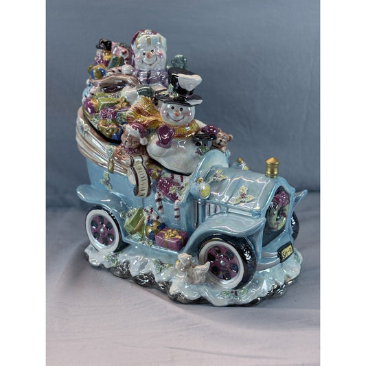 Christmas Ceramic Cookie Car Snowman Blue Jar Iridescent Finish Vintage #81009