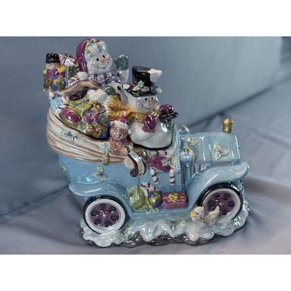 Christmas Ceramic Cookie Car Snowman Blue Jar Iridescent Finish Vintage #81009