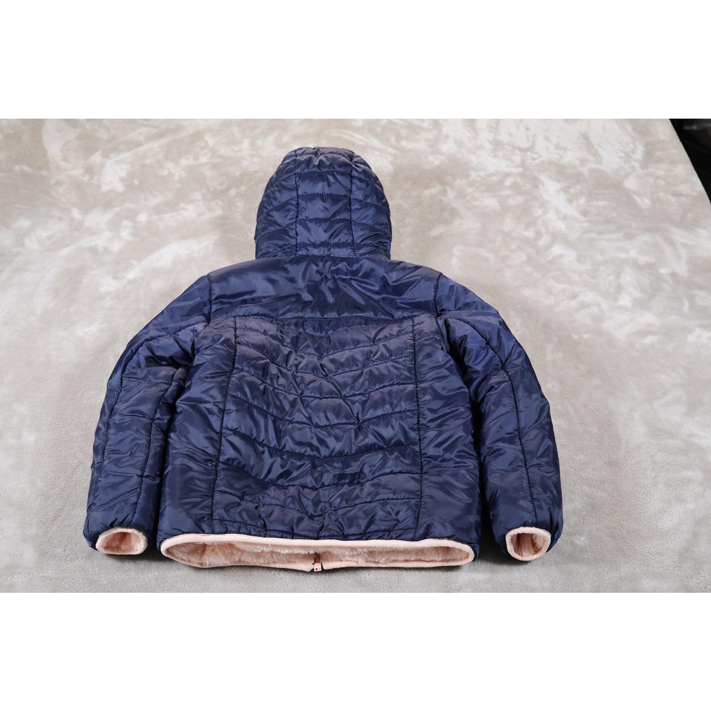 Eddie Bauer Jacket Girls M Navy Blue Pink Hooded Puffer Quilted Fleece Lined