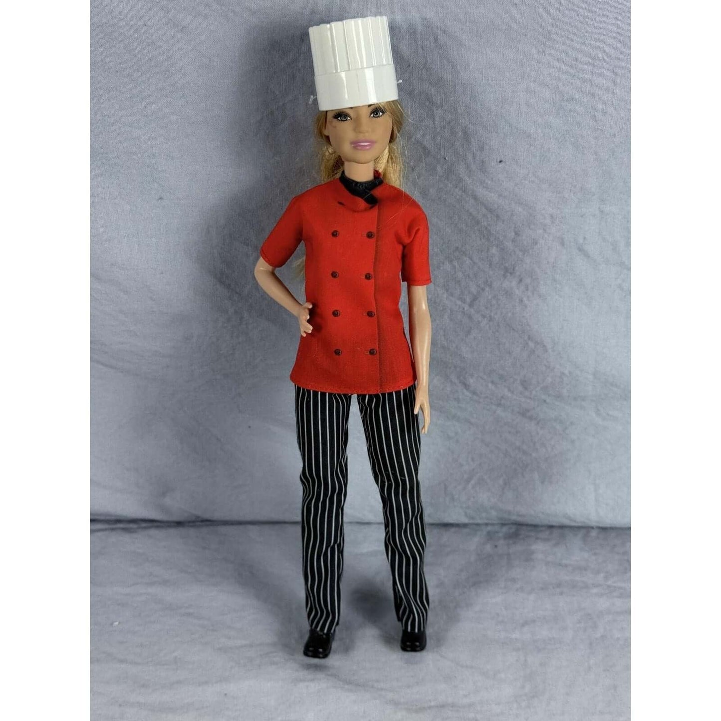 Barbie Chef Doll Mattel Careers Red Jacket Striped Pants Chef Hat Shoes Blonde in red chef jacket and pinstripe pants.