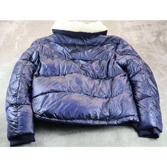 Guess Cassidy Puffer Quilted Jacket Womens Small Navy Sherpa Collar Winter Coat