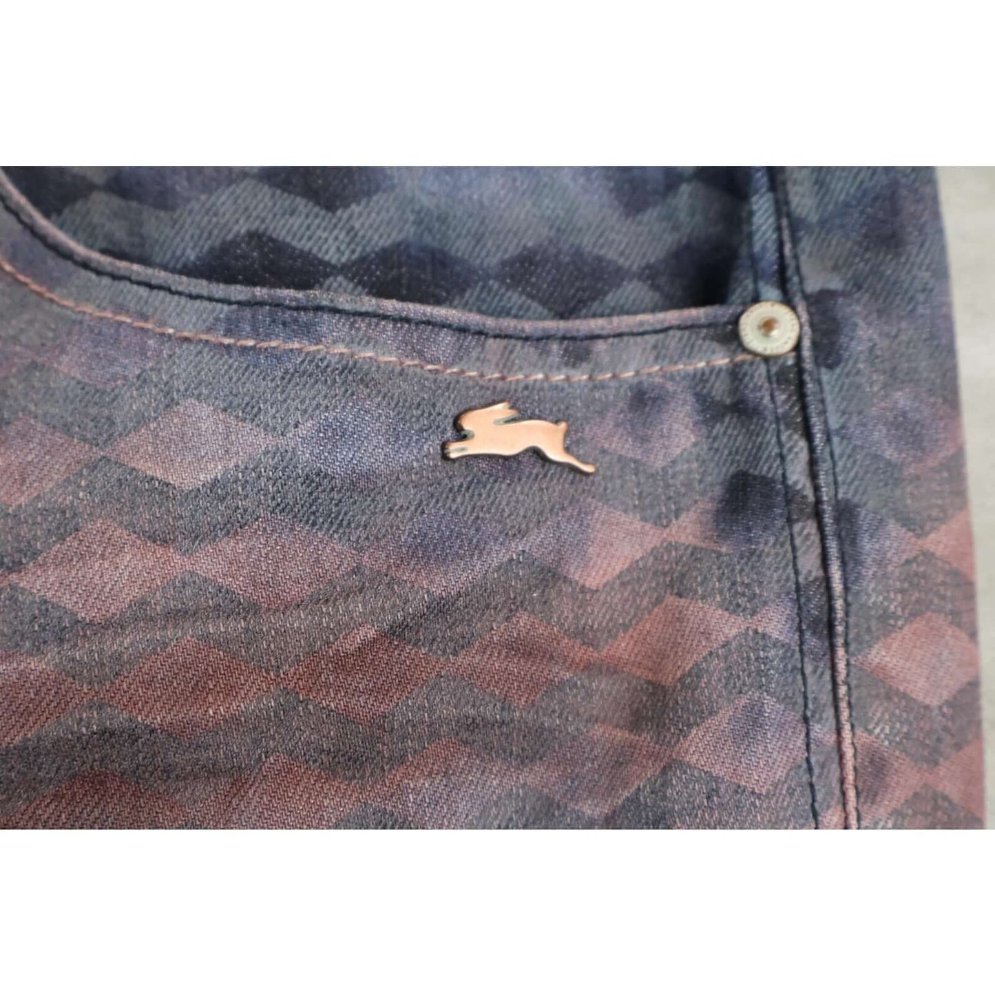 A Tiziano Jeans Mens 44 Blue Red Geometric Straight Fit Distressed Cotton Denim