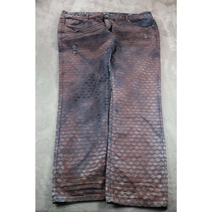 A Tiziano Jeans Mens 44 Blue Red Geometric Straight Fit Distressed Cotton Denim
