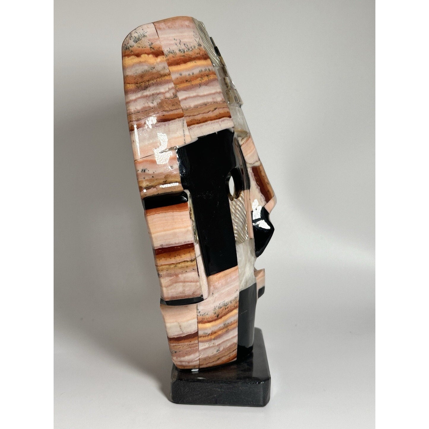 Aztec Mexican Stone Statue Tribal Folk Art Polished Obsidian w/ Abalone Inlay