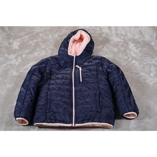 Eddie Bauer Jacket Girls M Navy Blue Pink Hooded Puffer Quilted Fleece Lined