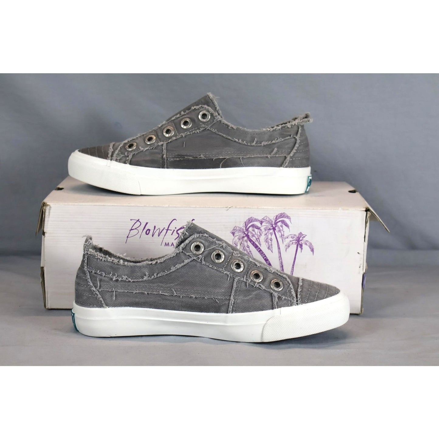 Blowfish Malibu Shoes Womens Size 6.5 Sweet Grey Canvas Vegan Slip On Distressed