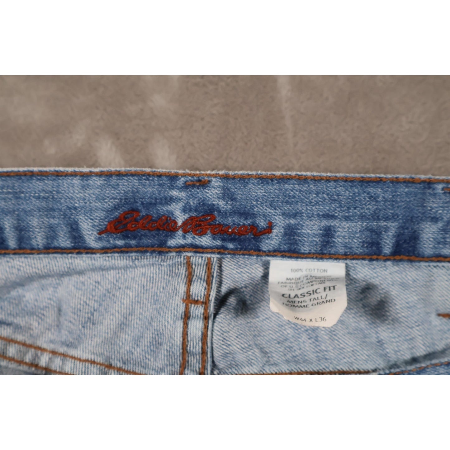 Eddie Bauer Jeans Mens 44x36 Blue Classic Fit Premium Denim Distressed Raw Hem