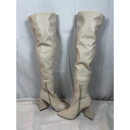Forever 21 Women's Faux Leather Over-the-Knee Boots in Cream Size 6