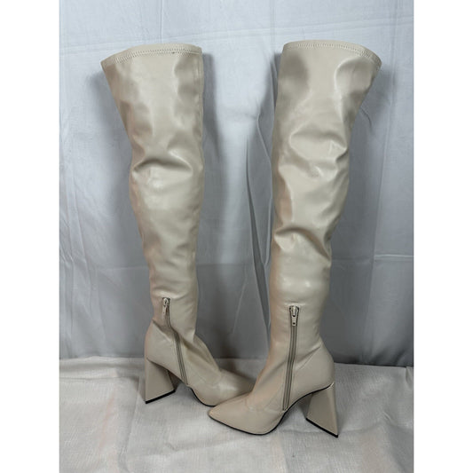 Forever 21 Women's Faux Leather Over-the-Knee Boots in Cream Size 6