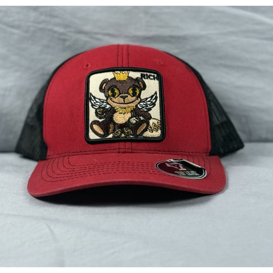 Bear Rich Money Bag Style Top Level Mesh Trucker Hat Red Curved Baseball Cap
