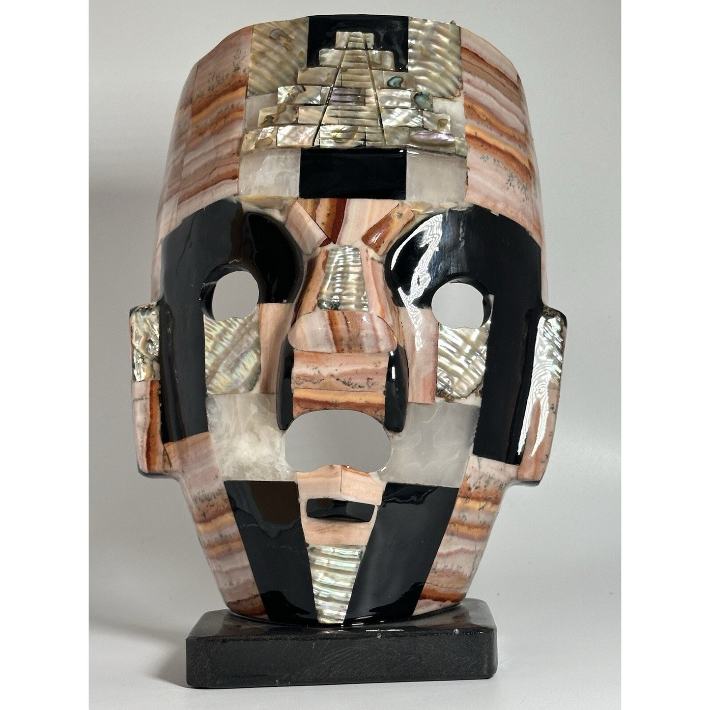 Aztec Mexican Stone Statue Tribal Folk Art Polished Obsidian w/ Abalone Inlay