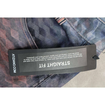 A Tiziano Jeans Mens 44 Blue Red Geometric Straight Fit Distressed Cotton Denim