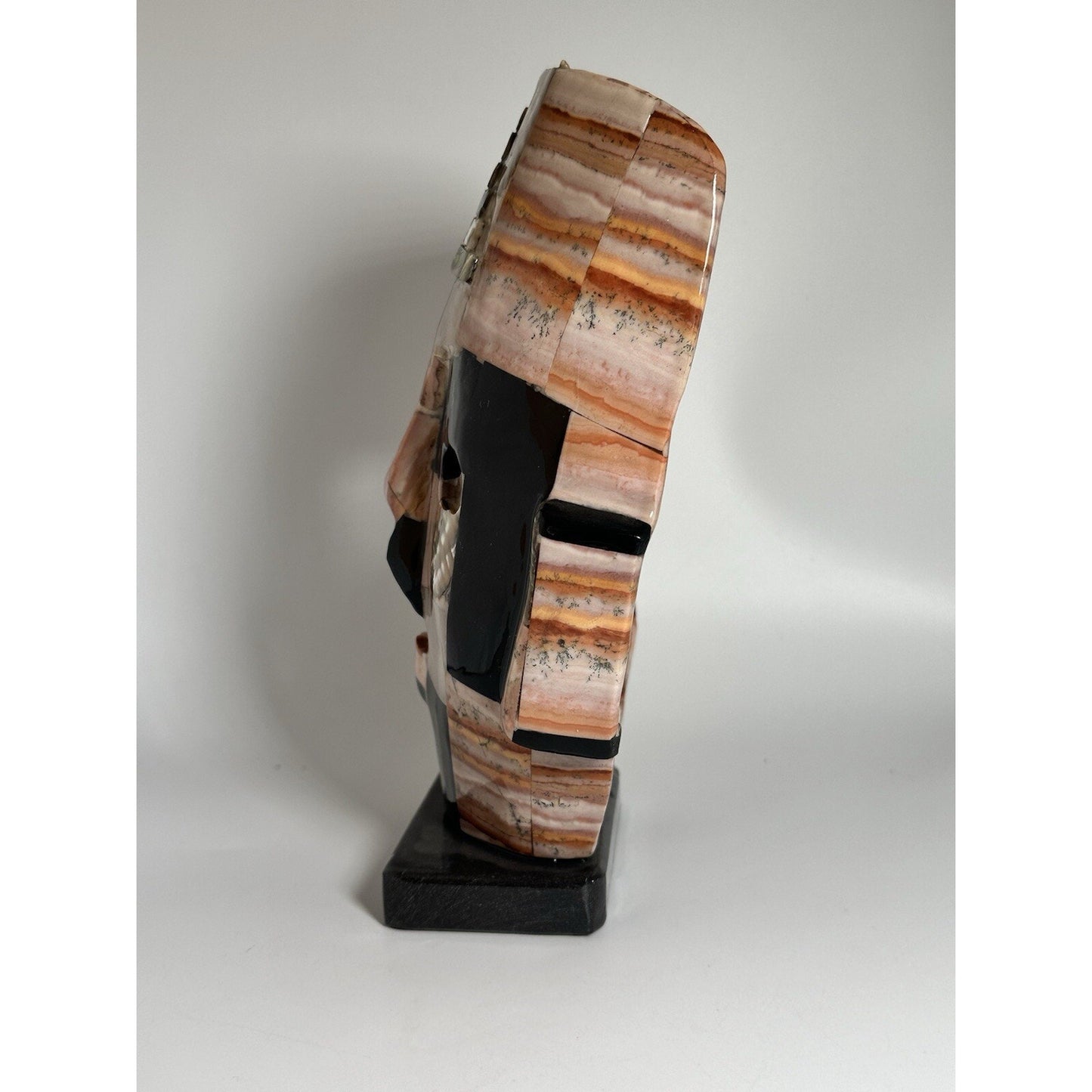 Aztec Mexican Stone Statue Tribal Folk Art Polished Obsidian w/ Abalone Inlay