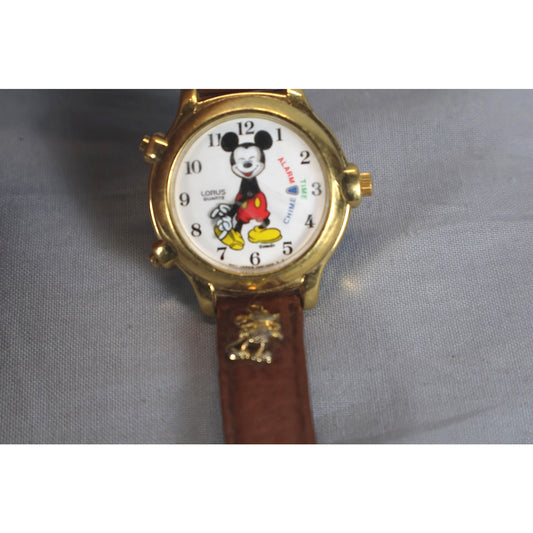 Vintage Lorus Quartz Mickey Mouse Watch Brown Leather Strap Japan Alarm Chime