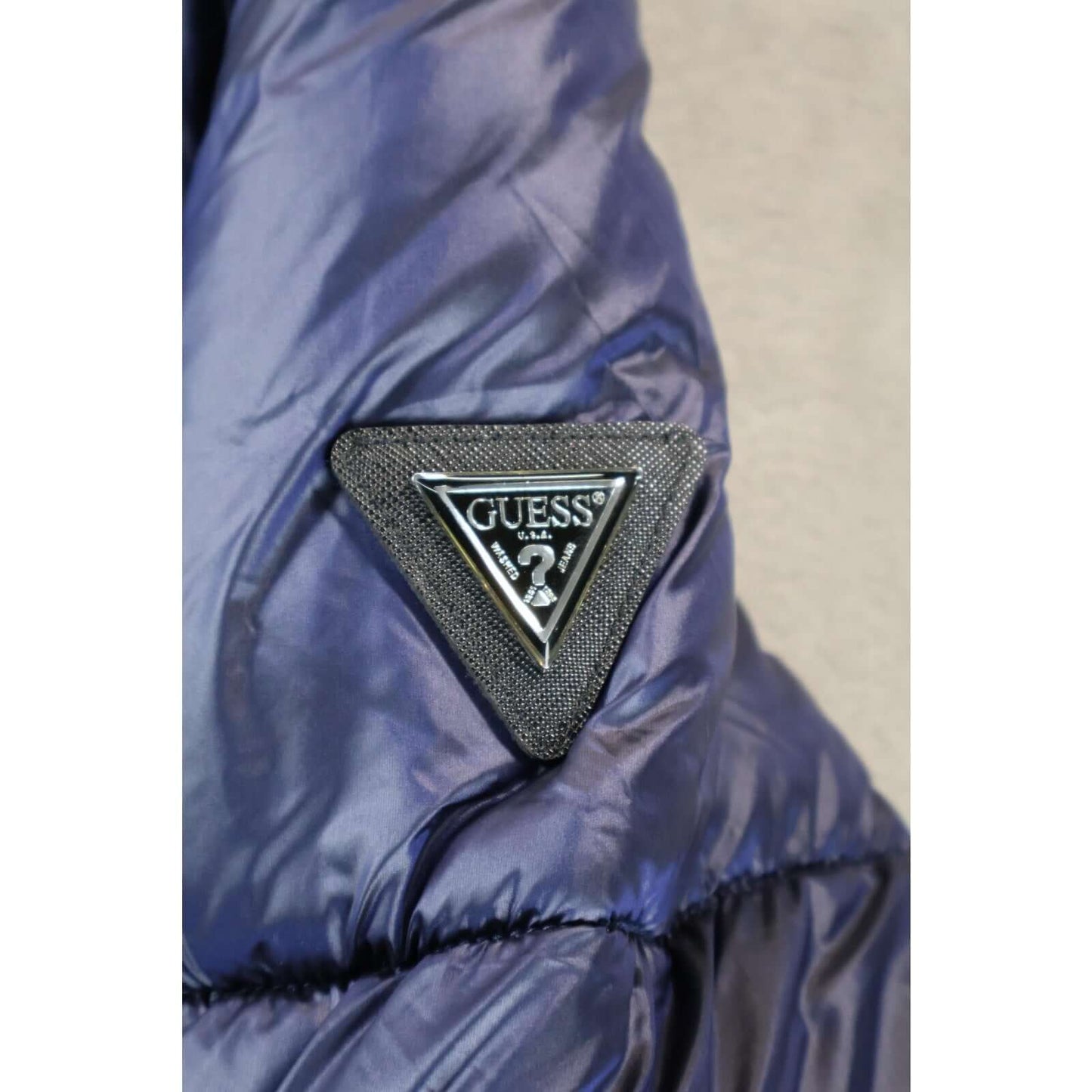 Guess Cassidy Puffer Quilted Jacket Womens Small Navy Sherpa Collar Winter Coat