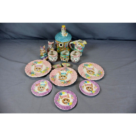 Vintage Fitz & Floyd Bunny Rabbit Tea Set Plates Cups Creamer Sugar Japan Easter