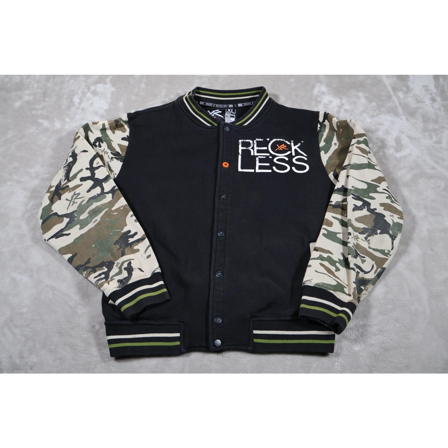 Young & Reckless Jacket Mens XL Black Camo Varsity Snap Button Streetwear Cult