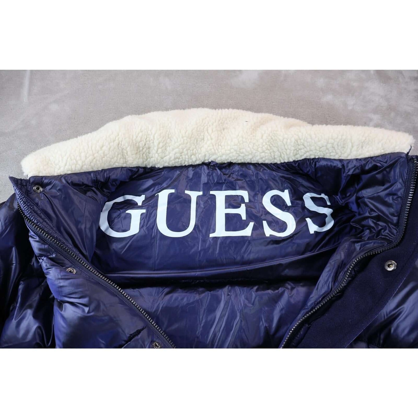 Guess Cassidy Puffer Quilted Jacket Womens Small Navy Sherpa Collar Winter Coat