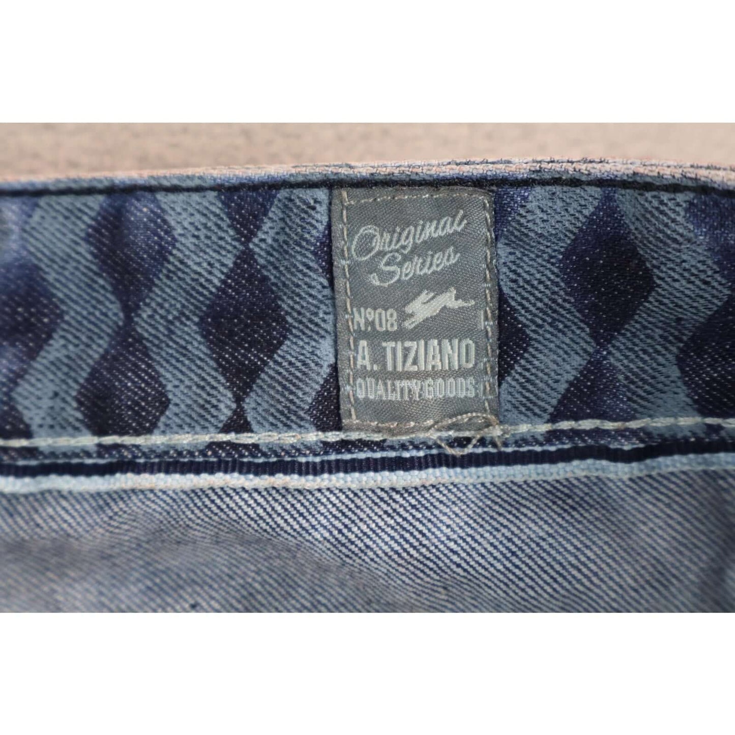 A Tiziano Jeans Mens 44 Blue Red Geometric Straight Fit Distressed Cotton Denim